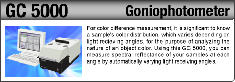 [Goniophotometer / GC 5000] For color difference measurement, it is significant to know a sample's color distribution, which varies depending on light recieving angles, for the purpose of analyzing the nature of an object color. Using this GC 5000, you can measure spectral reflectance of your samples at each angle by automatically varying light receiving angles.