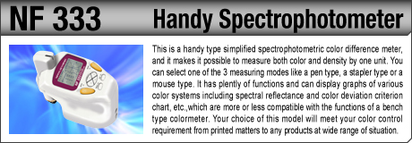 [Handy Spectrophotometer / NF 333] This is a handy type simplified spectrophotometric color difference meter, and it makes it possible to measure both color and density by one unit. You can select one of the 3 measuring modes like a pen type, a stapler type or a mouse type. It has plently of functions and can display graphs of various color systems including spectral reflectance and color deviation criterion chart, etc.,which are more or less compatible with the functions of a bench type colormeter. Your choice of this model will meet your color control requirement from printed matters to any products at wide range of situation.