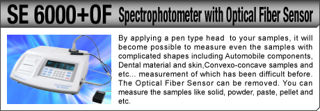 [Spectrophotometer with Optical Fiber Sensor / SE 6000 + OF] By applying a pen type head  to your samples, it will become possible to measure even the samples with complicated shapes including Automobile components, Dental material and skin,Convexo-concave samples and etc... measurement of which has been difficult before. The Optical Fiber Sensor can be removed. You can measure the samples like solid, powder, paste, pellet and etc.